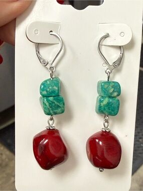 Handmade Turquoise & Red Stone Drop Earrings - Christmas